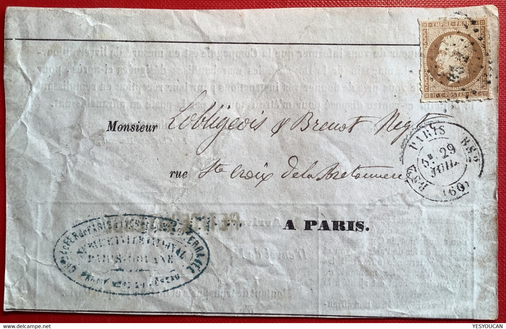 13B PERCÉ EN LIGNE Oblit PARIS BS2 RARE SANS L’ ANNÉE Lettre1853-62Empire Non Dentelé10c (France Colis Postal Train PLM - 1853-1860 Napoléon III.
