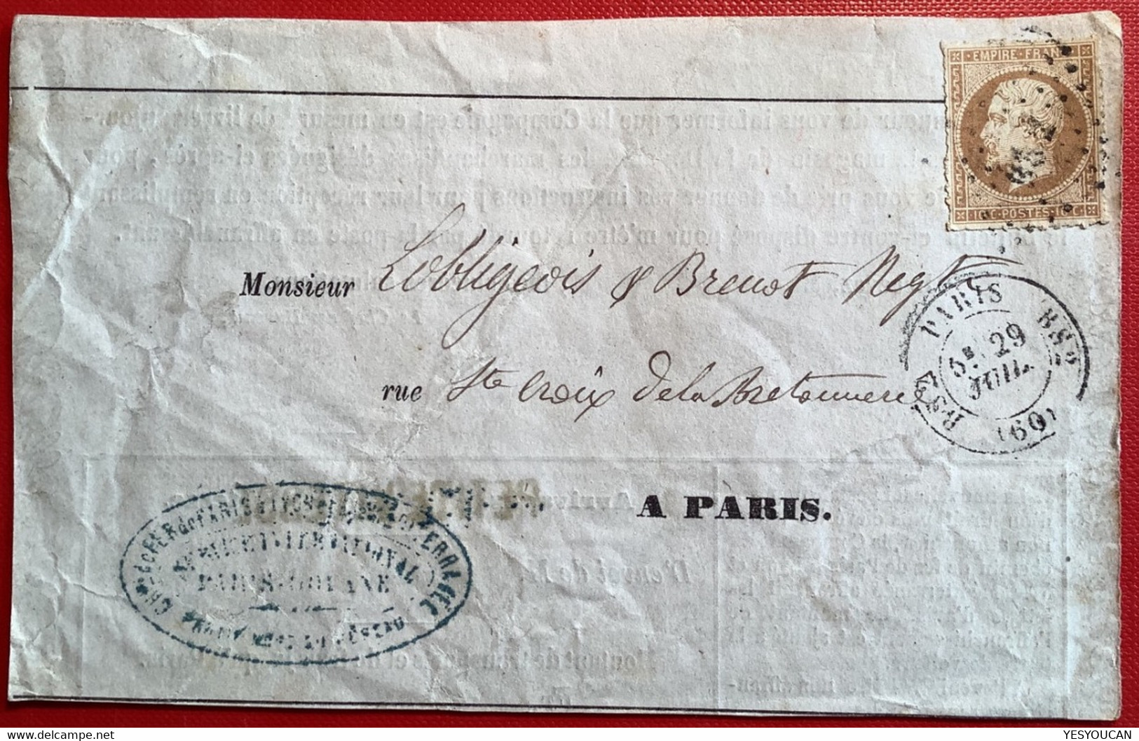 13B PERCÉ EN LIGNE Oblit PARIS BS2 RARE SANS L’ ANNÉE Lettre1853-62Empire Non Dentelé10c (France Colis Postal Train PLM - 1853-1860 Napoléon III