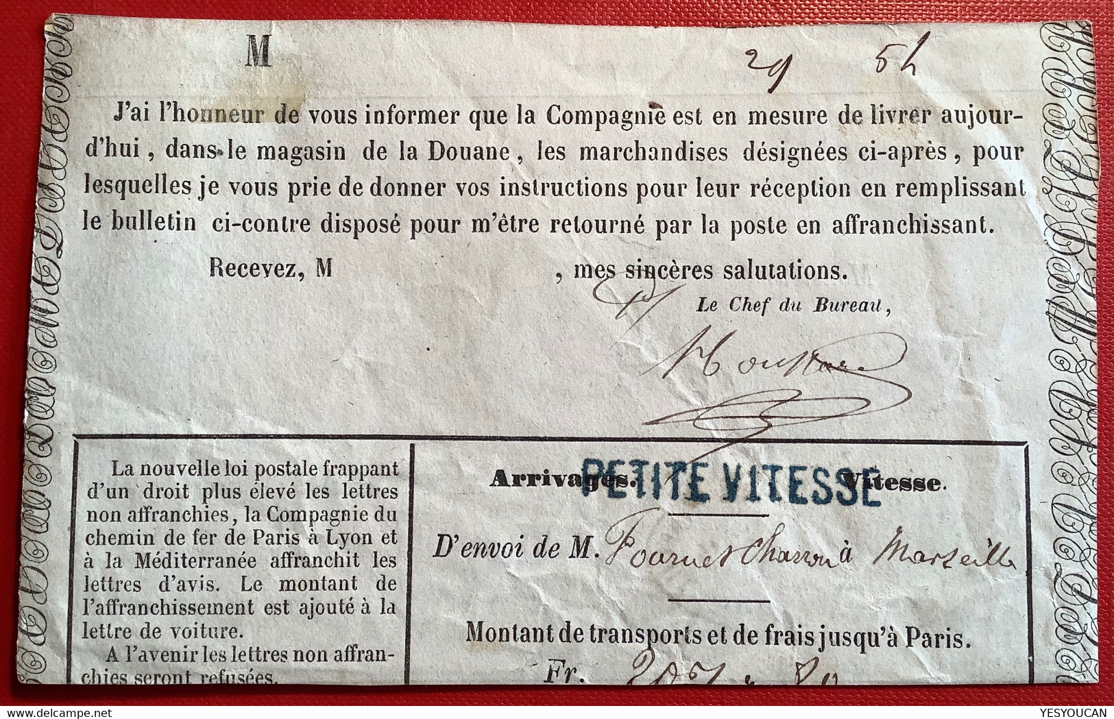 13B PERCÉ EN LIGNE Oblit PARIS BS2 RARE SANS L’ ANNÉE Lettre1853-62Empire Non Dentelé10c (France Colis Postal Train PLM - 1853-1860 Napoléon III.