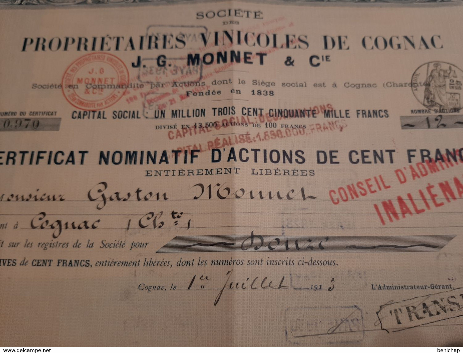 Société Des Propriétaires Vinicoles De Cognac J.G.Monnet & Cie - Certificat Nominatif D'Actions De100 Frs. - Cognac 1913 - Landwirtschaft