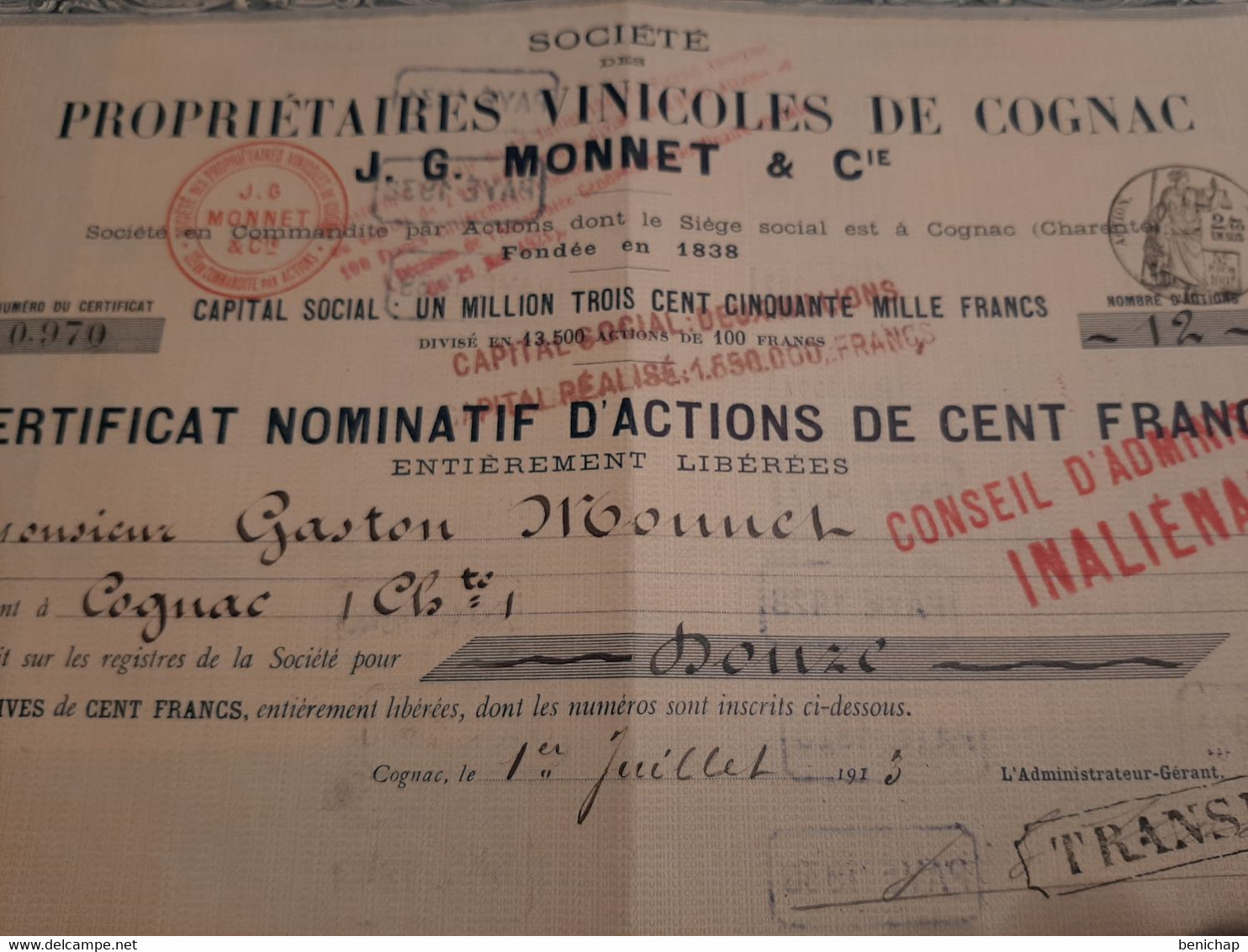 Société Des Propriétaires Vinicoles De Cognac J.G.Monnet & Cie - Certificat Nominatif D'Actions De100 Frs. - Cognac 1913 - Agriculture