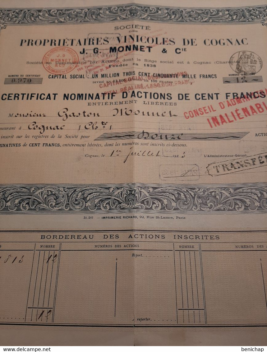 Société Des Propriétaires Vinicoles De Cognac J.G.Monnet & Cie - Certificat Nominatif D'Actions De100 Frs. - Cognac 1913 - Agricultura