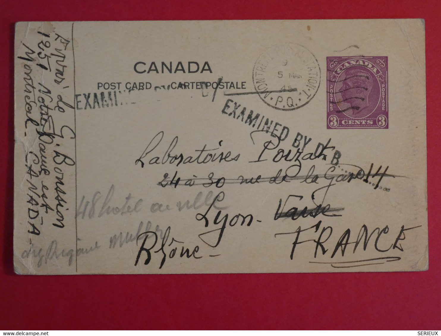 BO17 CANADA BELLE  CARTE ENTIER CENSUREE  1945   MONTREUL A LYON FRANCE ++ AFFRANCH .  PLAISANT+++ - 1903-1954 Kings