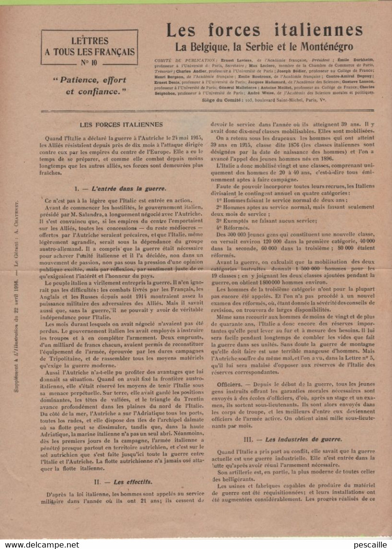 WW1 LETTRES A TOUS LES FRANCAIS N° 10 - LES FORCES ITALIENNES LA BELGIQUE LA SERBIE ET LE MONTENEGRO - Documents