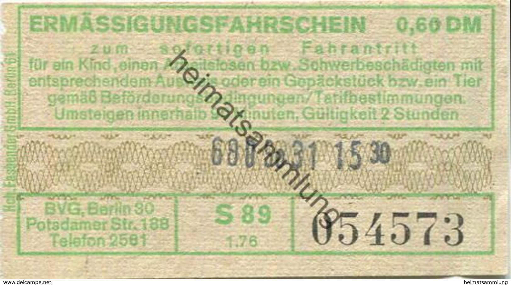 Deutschland - Berlin - BVG Ermässigungsfahrschein 1976 - Europa