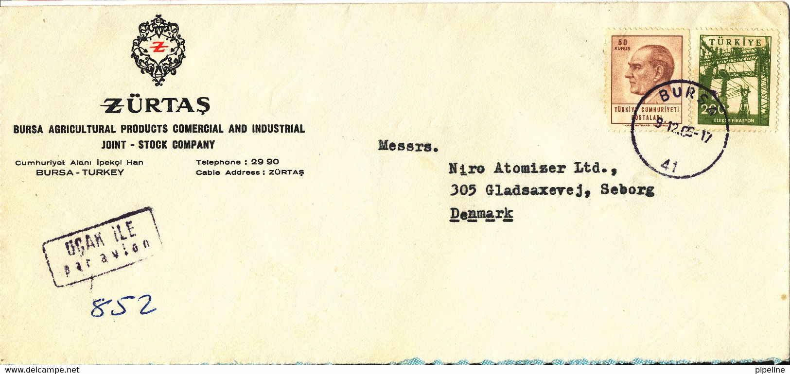 Turkey Air Mail Cover Sent To Denmark Bursa 9-12-1966 ?? - Posta Aerea