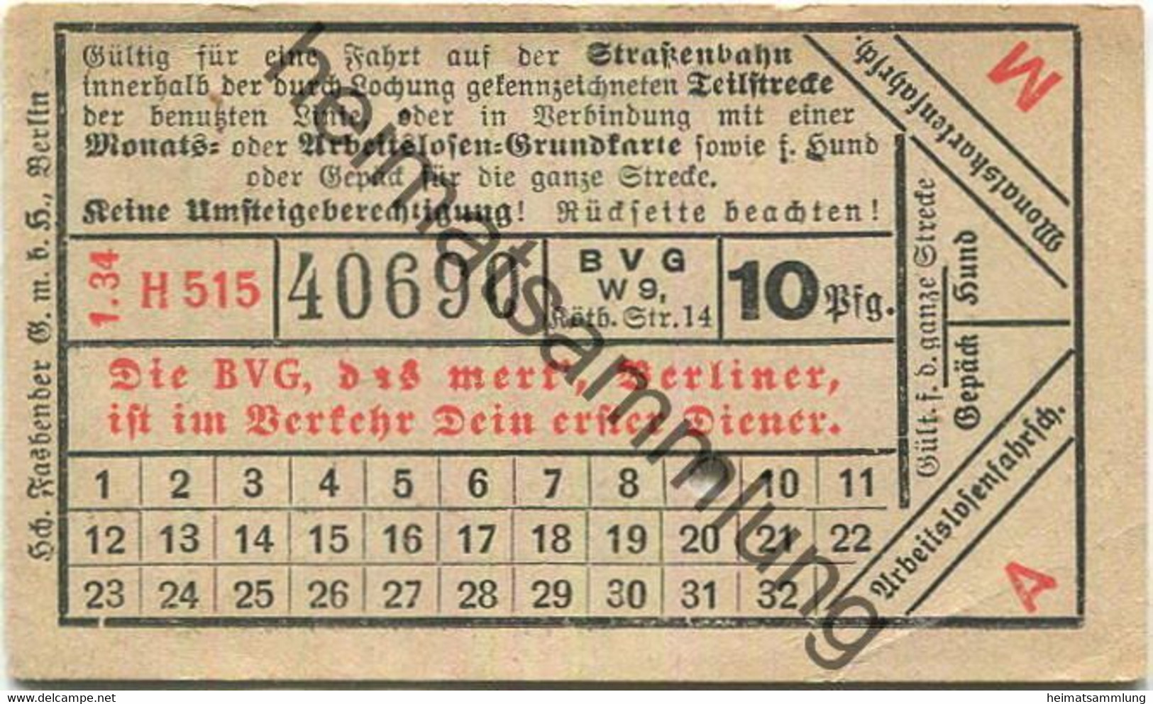 Deutschland - Berlin - BVG Fahrschein 1934 - Europa