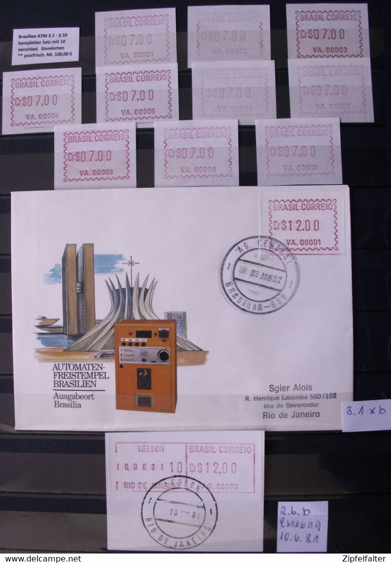 Brasilien. Sammlung Automatenmarken Mi. 1-2-3-4-5-6-7-8. ** postfrisch-gestempelt-FDC-Briefe-Sätze. Siehe 16 Bilder.