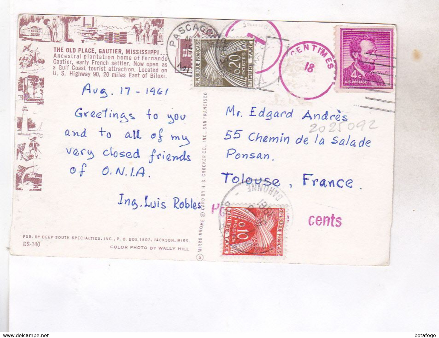 CPA  THE OLD PLACE, GAUTIER, MISSISIPI  En 1961!(voir Timbres) - Andere & Zonder Classificatie