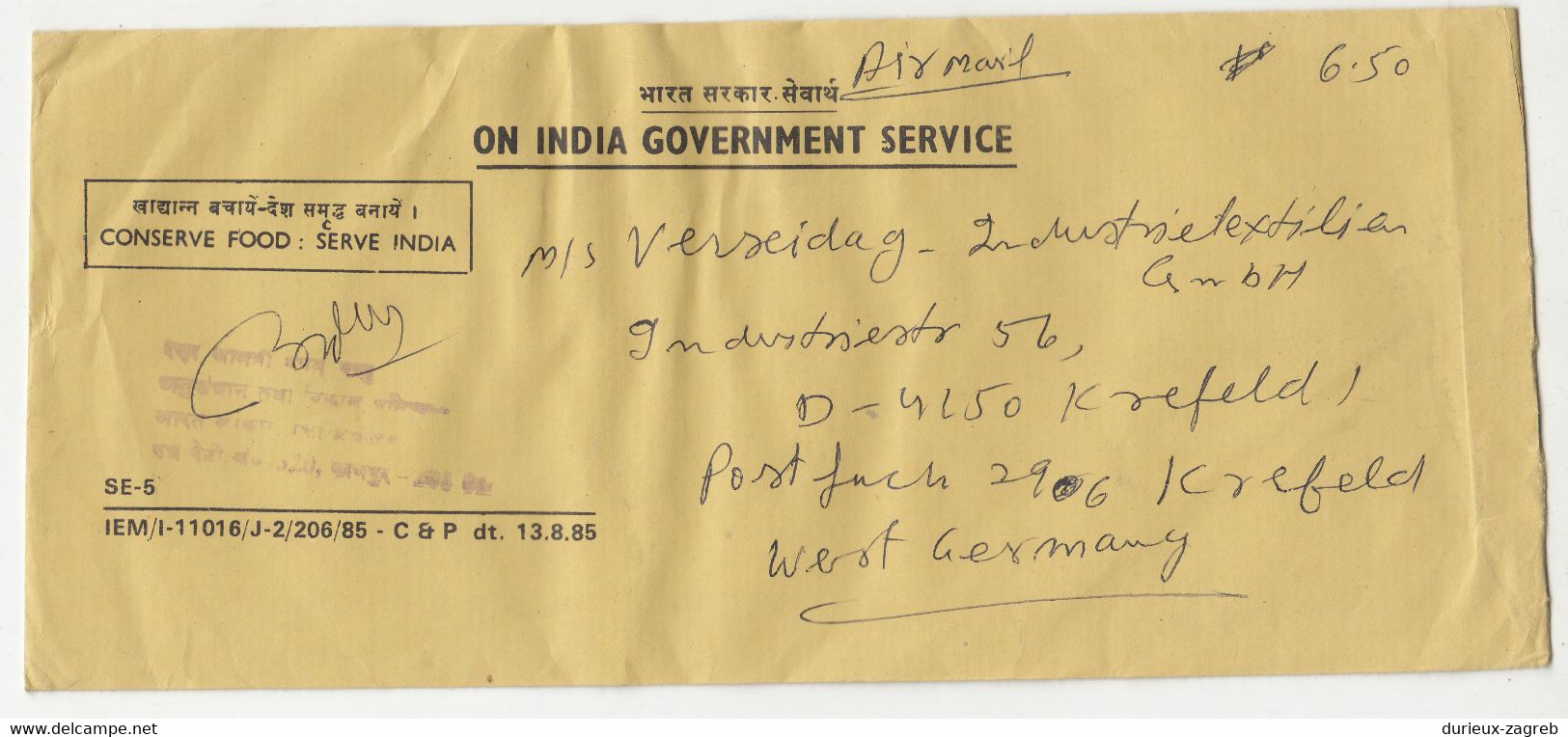 India Official Letter Cover Posted 1987 To Germany B230301 - Dienstmarken