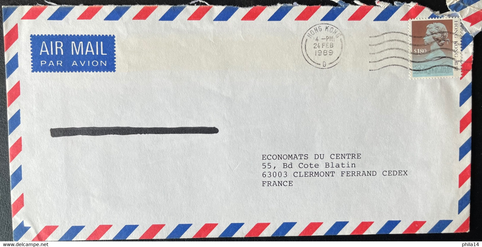 COVER / ENVELOPPE HONG KONG POUR CLERMONT FERRAND PUY DE DOME FRANCE 1989 - Briefe U. Dokumente