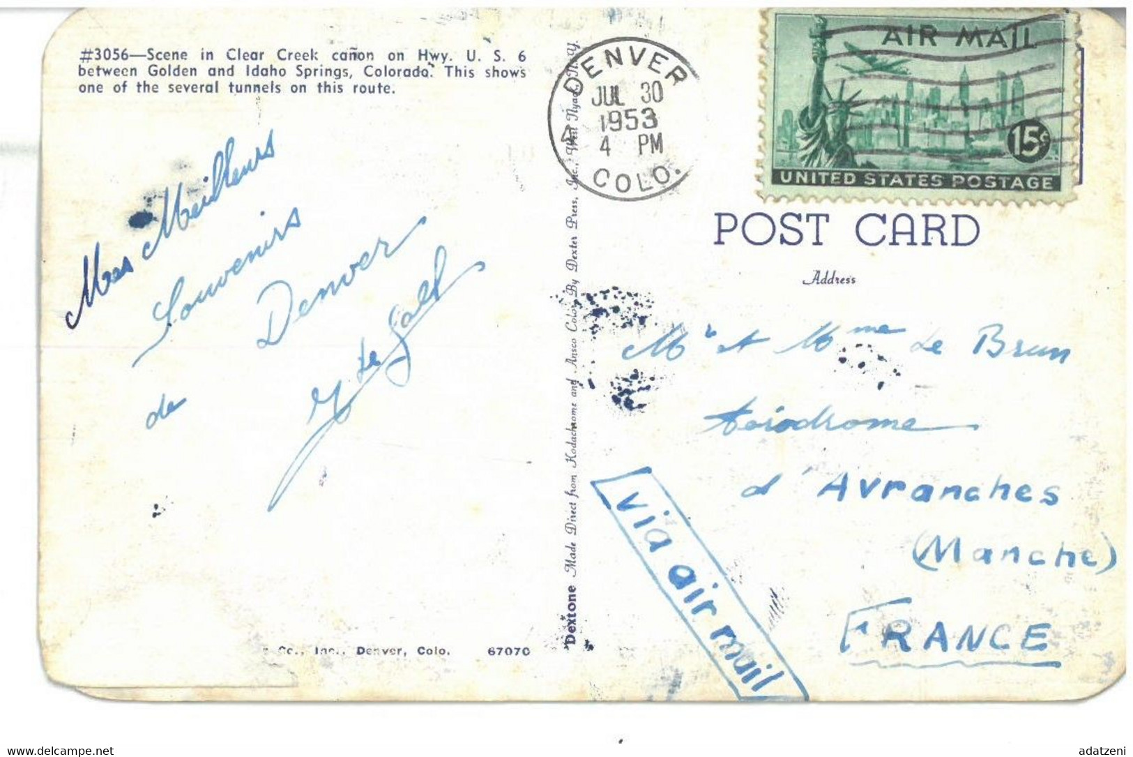 BR3371 U.S.A. Colorado Denver Clear Creek Viaggiata 1953 Verso Manche - Denver