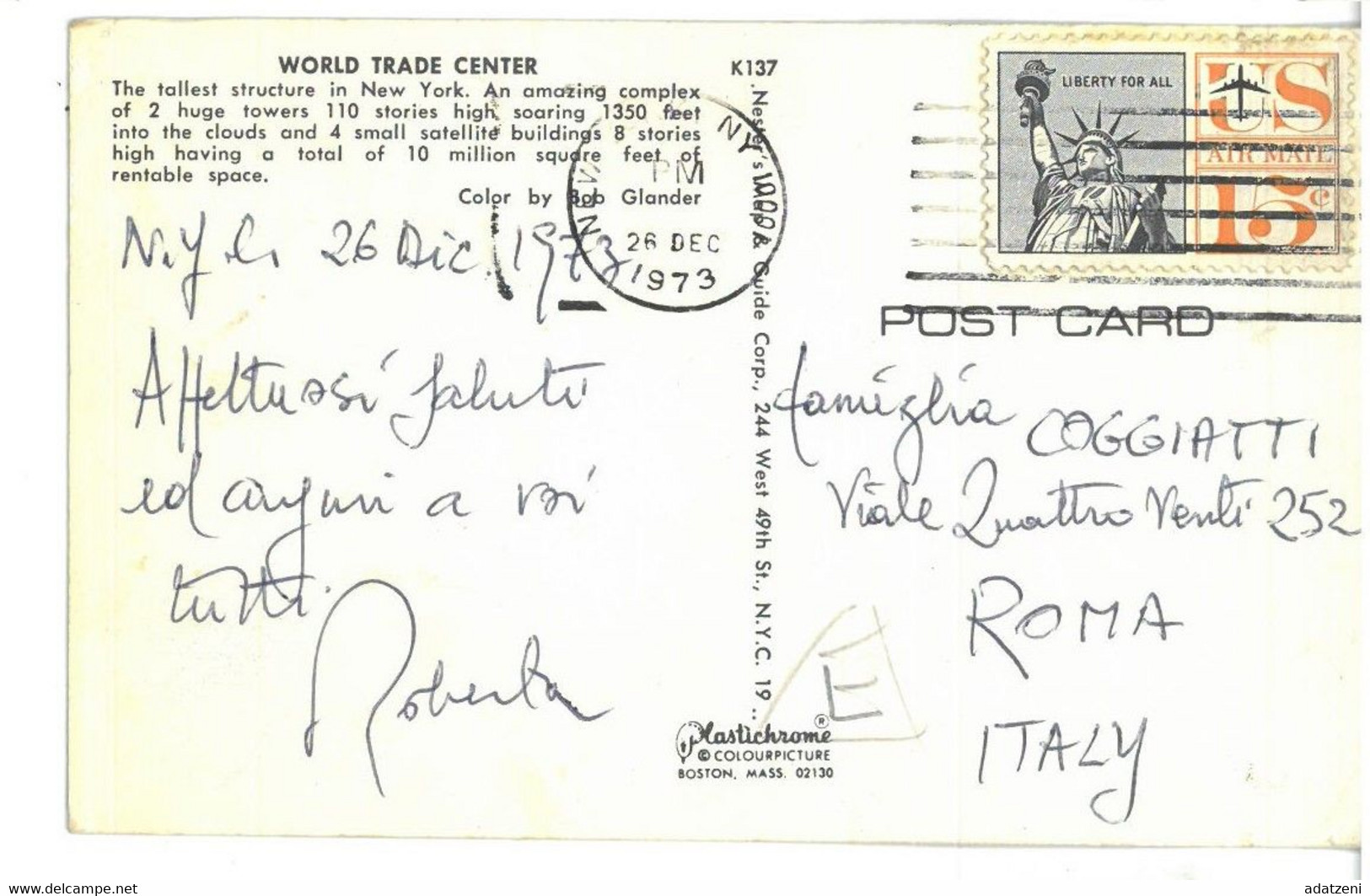 BR3372 U.S.A. New York World Trade Center Viaggiata 1973 Verso Roma - World Trade Center