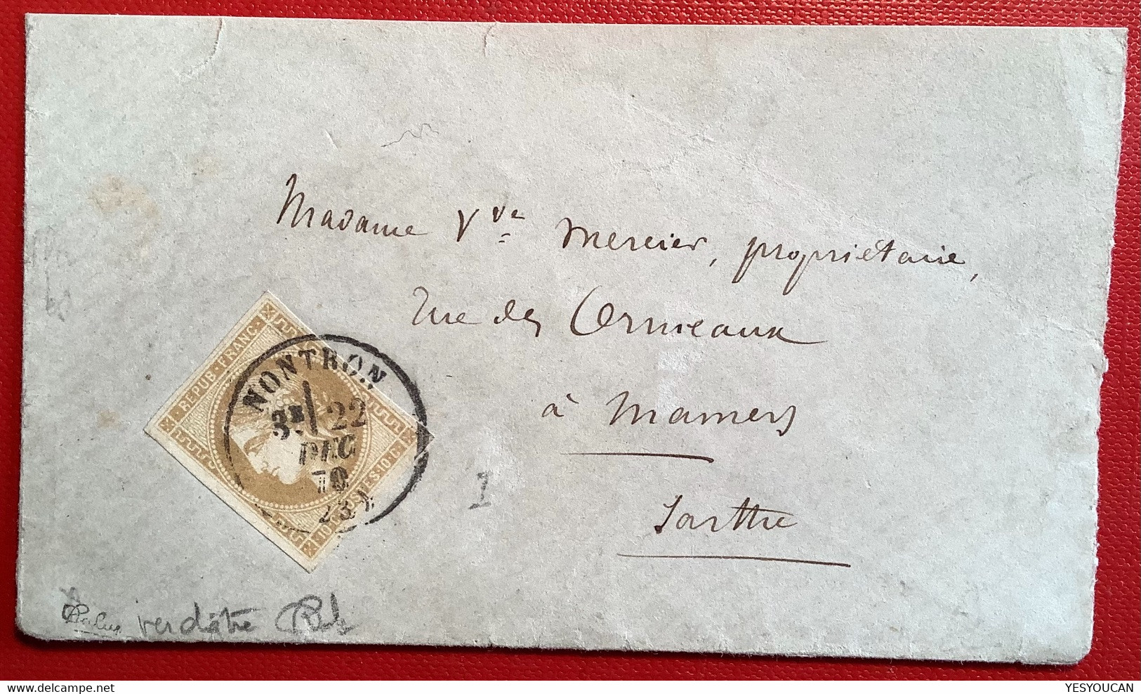 #43Ab NUANCE RARE BISTRE-VERDÂTRE(1000€)TTB Lettre NONTRON 1870 (Dordogne23) 10c Bordeaux Cert. Scheller (France - 1870 Emission De Bordeaux