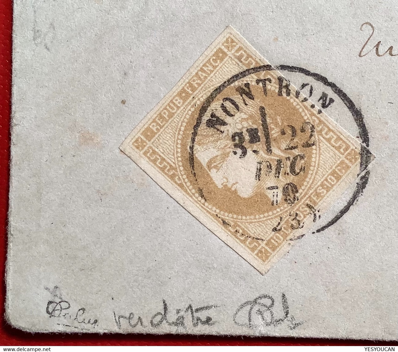 #43Ab NUANCE RARE BISTRE-VERDÂTRE(1000€)TTB lettre NONTRON 1870 (Dordogne23) 10c Bordeaux cert. Scheller (France