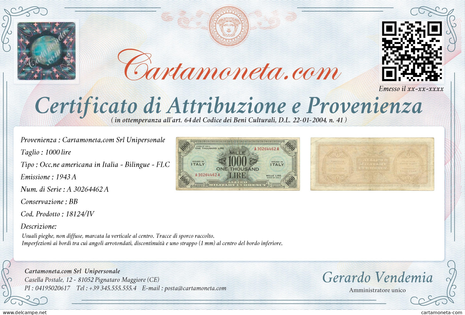 1000 LIRE OCCUPAZIONE AMERICANA IN ITALIA BILINGUE FLC A-A 1943 A BB - Occupazione Alleata Seconda Guerra Mondiale