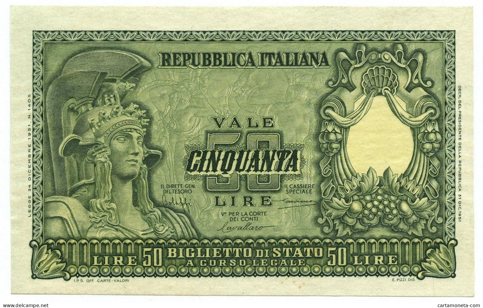 50 LIRE BIGLIETTO DI STATO ITALIA ELMATA BOLAFFI 31/12/1951 FDS-/FDS - Autres & Non Classés