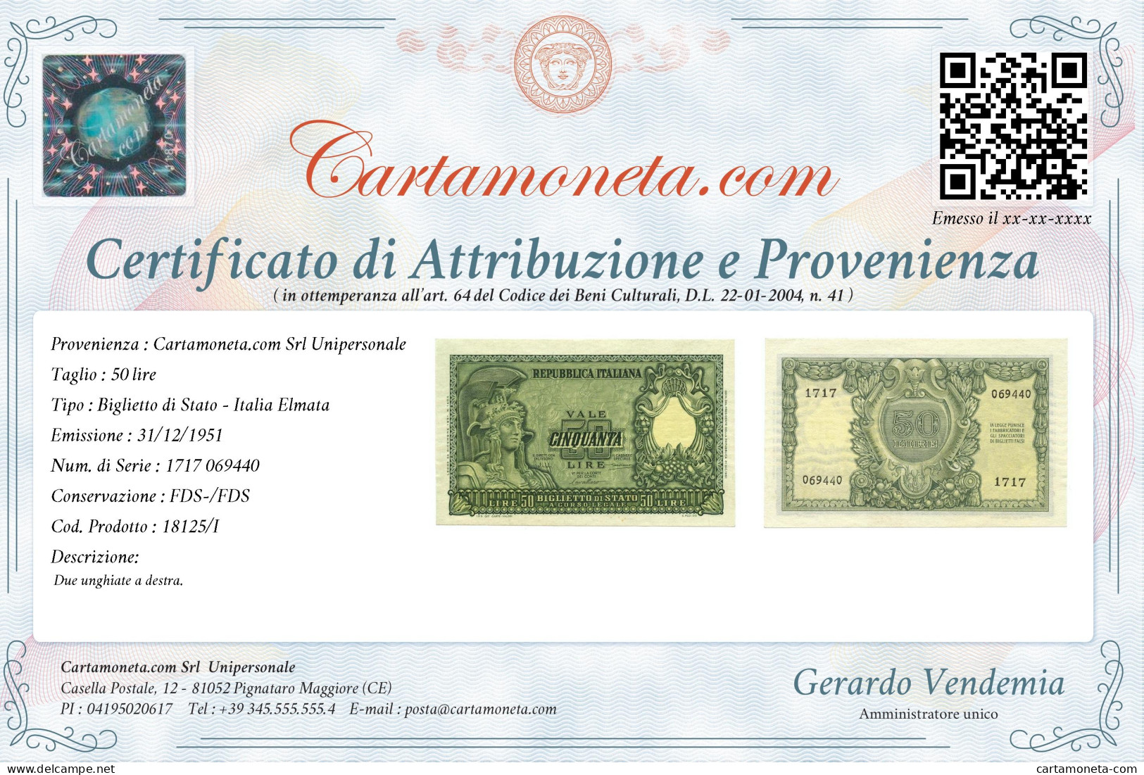 50 LIRE BIGLIETTO DI STATO ITALIA ELMATA BOLAFFI 31/12/1951 FDS-/FDS - Andere & Zonder Classificatie