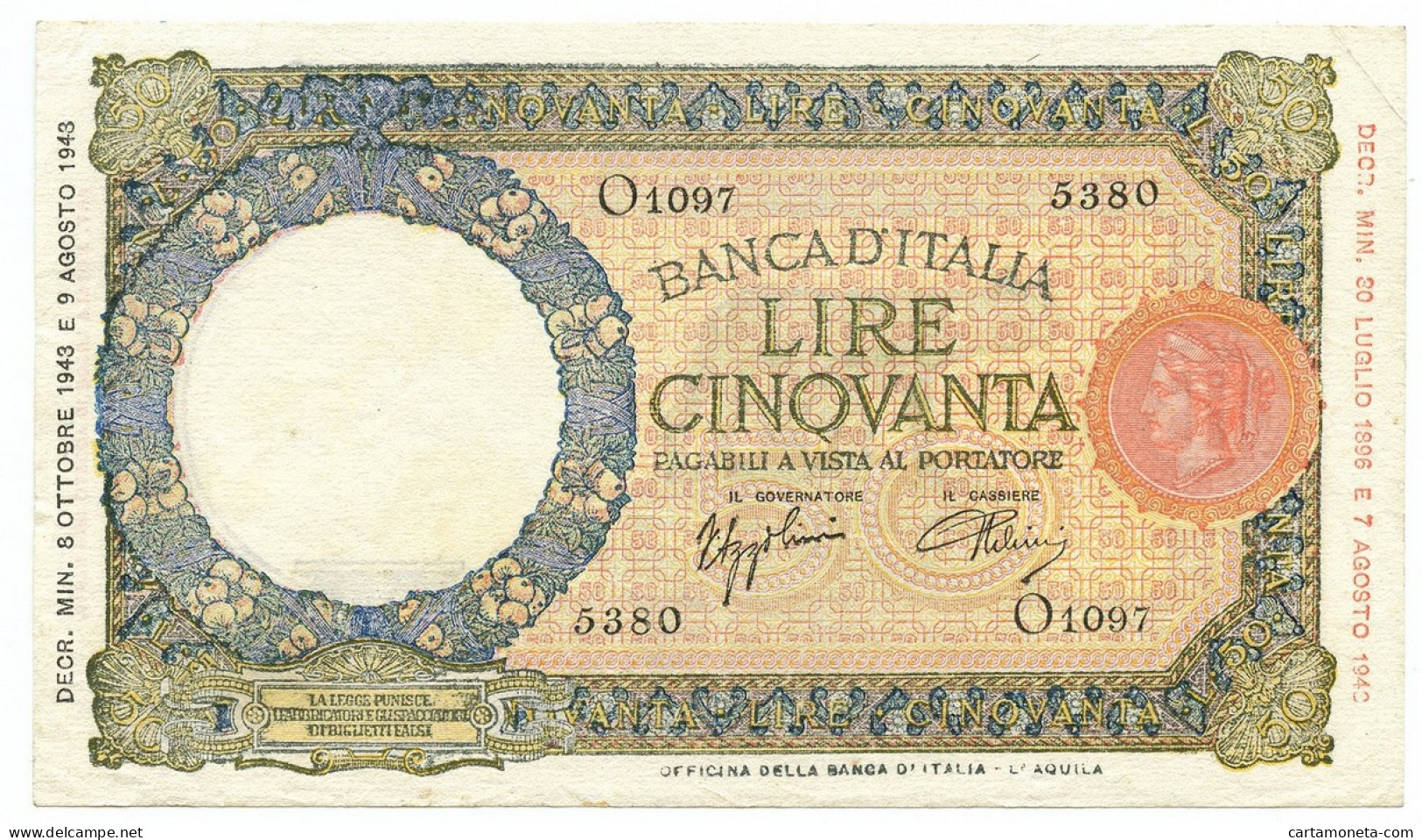 50 LIRE CAPRANESI LUPA CAPITOLINA MARG. STRETTO RETRO BI RSI 08/10/1943 BB+ - Regno D'Italia - Altri