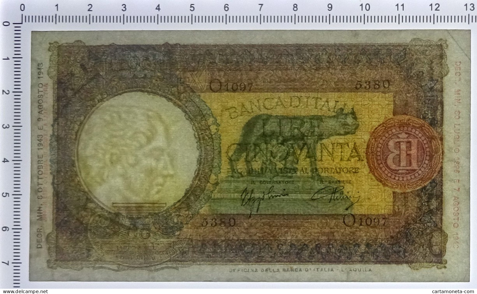 50 LIRE CAPRANESI LUPA CAPITOLINA MARG. STRETTO RETRO BI RSI 08/10/1943 BB+ - Regno D'Italia – Autres