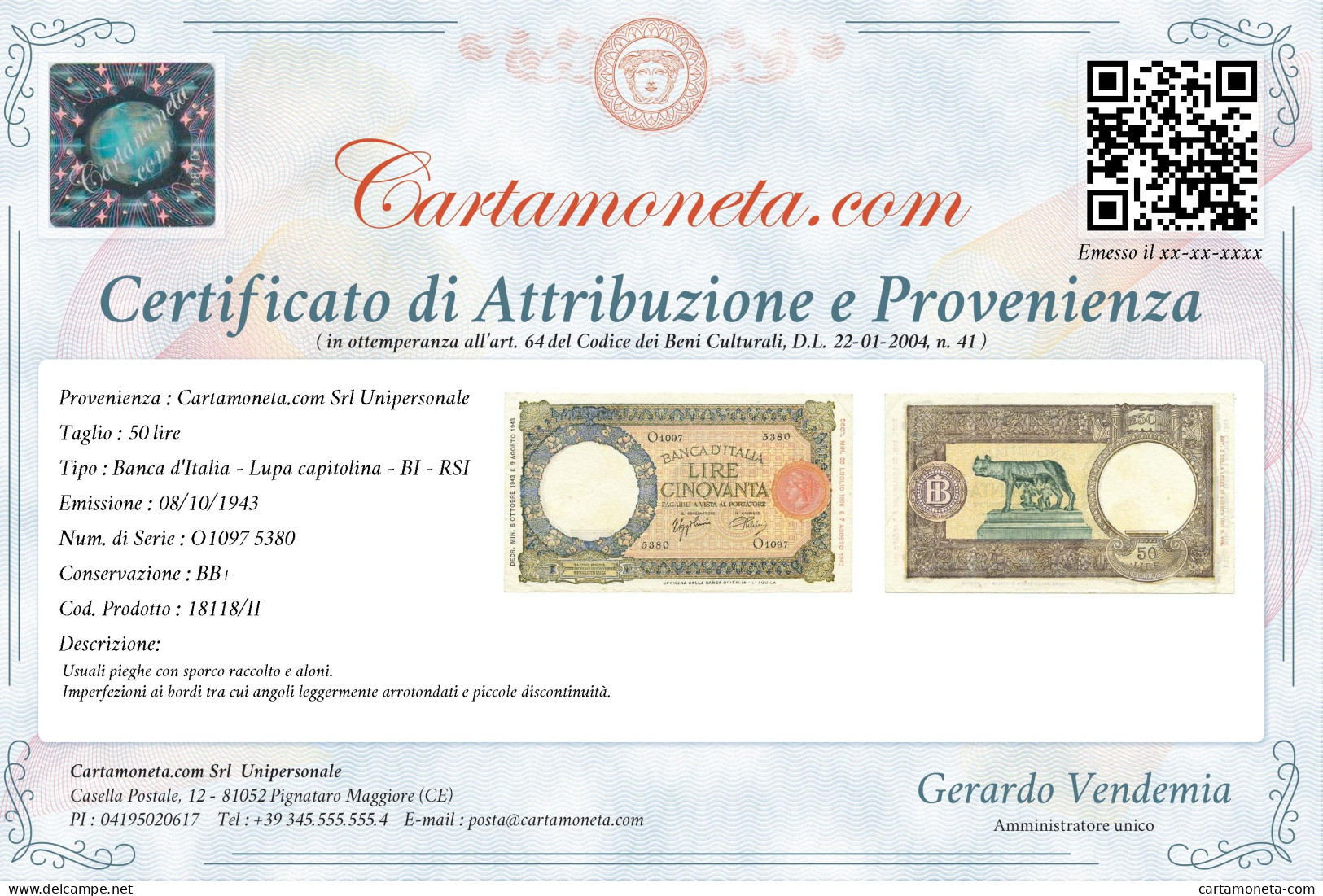 50 LIRE CAPRANESI LUPA CAPITOLINA MARG. STRETTO RETRO BI RSI 08/10/1943 BB+ - Andere