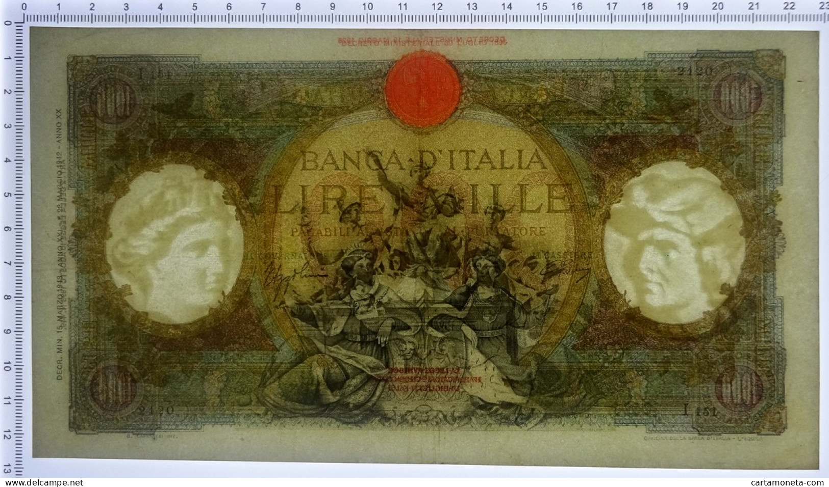 1000 LIRE CAPRANESI REPUBBLICHE MARINARE FASCIO L'AQUILA 15/03/1943 BB/SPL - Regno D'Italia – Autres