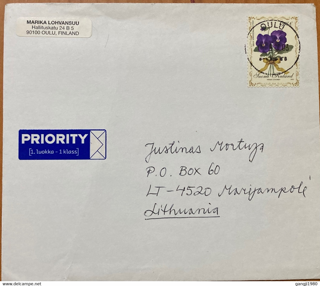 FINLAND-2003, COVER USED TO LITHUANIA, FLOWER & PLANT STAMP, OLLU & MARIJAMPOLE TOWN CANCEL. - Storia Postale