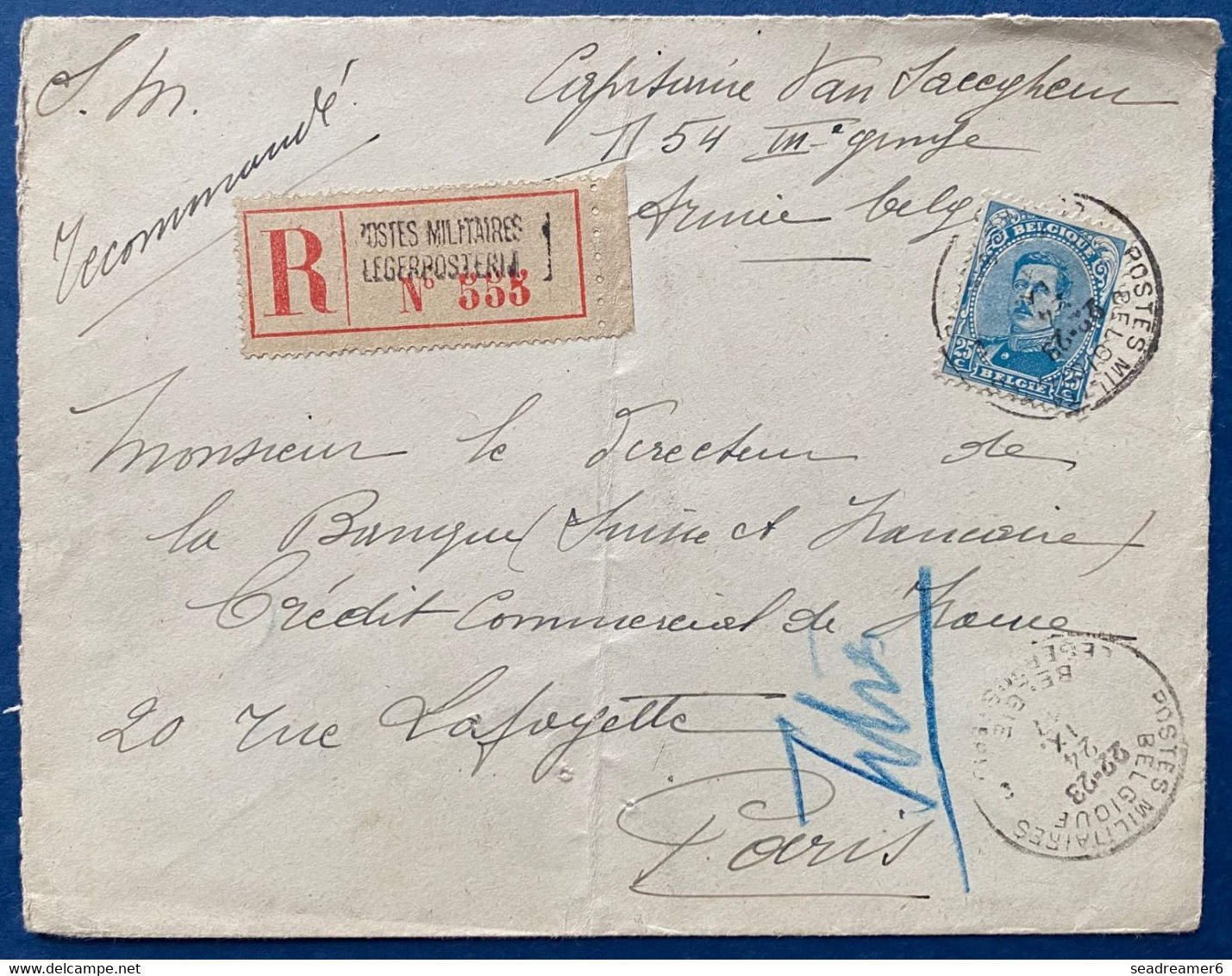 Lettre SM Recommandée N°141 25c Bleu Obl Dateur Postes Militaires Belgique PMB Du 24 IX 1917 Pour Paris TTB - Army: Belgium