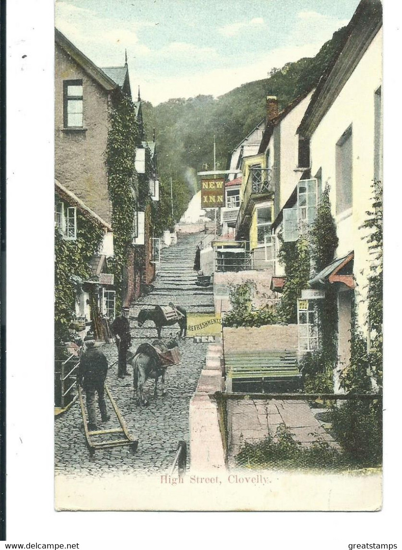 Devon  Postcard Clovelly High Street Posted 1908  Shows Te Rooms Etc - Clovelly