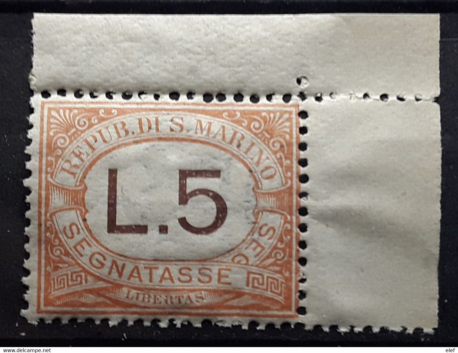 SAN MARINO SAINT MARIN,1925 TAXE SEGNATASSE,Yvert No 26, 5 Lire Orange COIN DE FEUILLE, Neuf ** MNH,TTB Cote 65 E - Postage Due