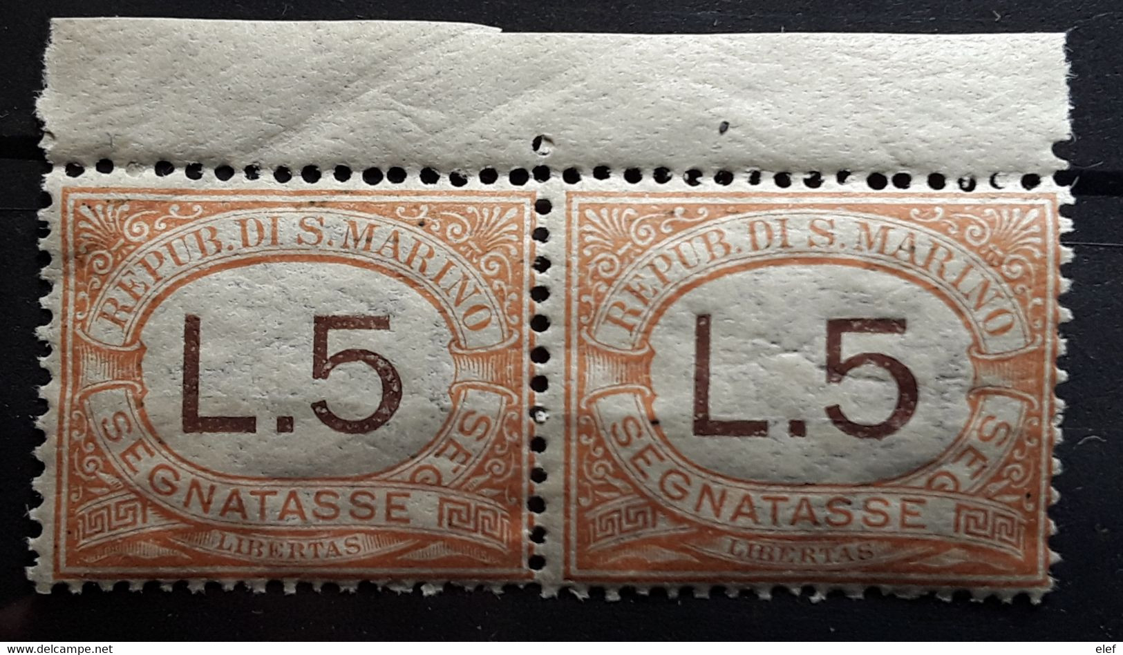 SAN MARINO SAINT MARIN,1925 TAXE SEGNATASSE,Yvert No 26, PAIRE 5 Lire Orange BORD DE FEUILLE, Neuf ** MNH,TTB Cote 130 E - Timbres-taxe