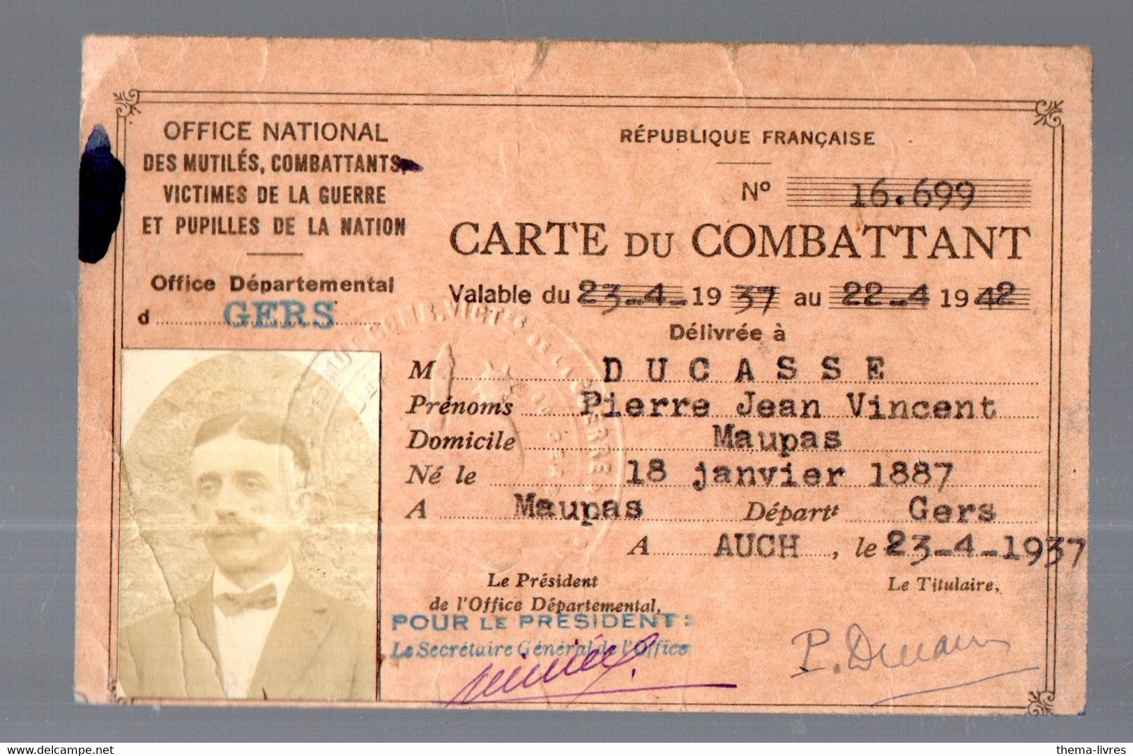 Auch (32) Carte  Du Combattant 1937 (PPP41077) - Documents