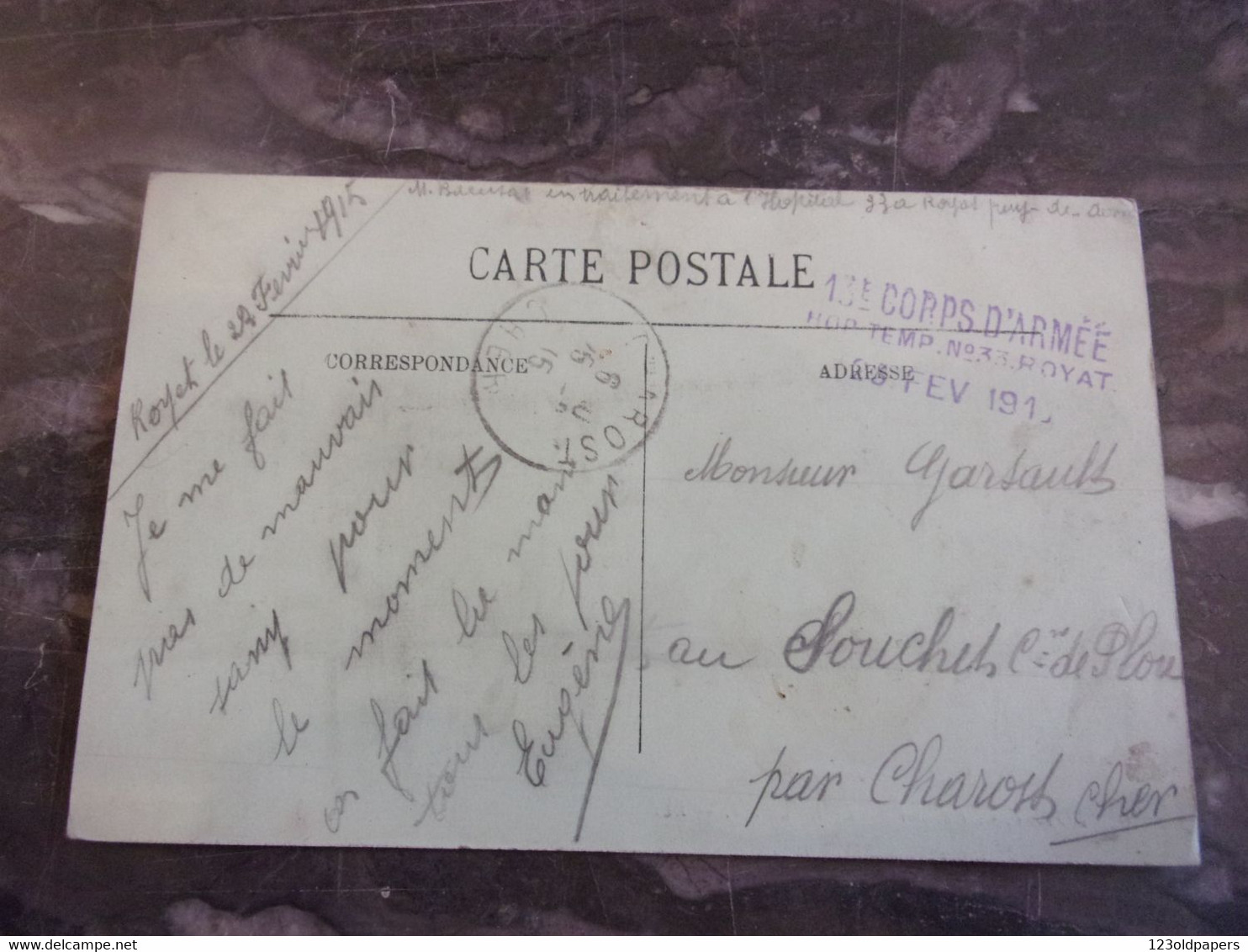 63 WWI CACHET HOPITAL TEMPORAIRE N°33 - ROYAT (PUY-DE-DOME) 13 EME CORPS D  ARMEE - Guerre De 1914-18