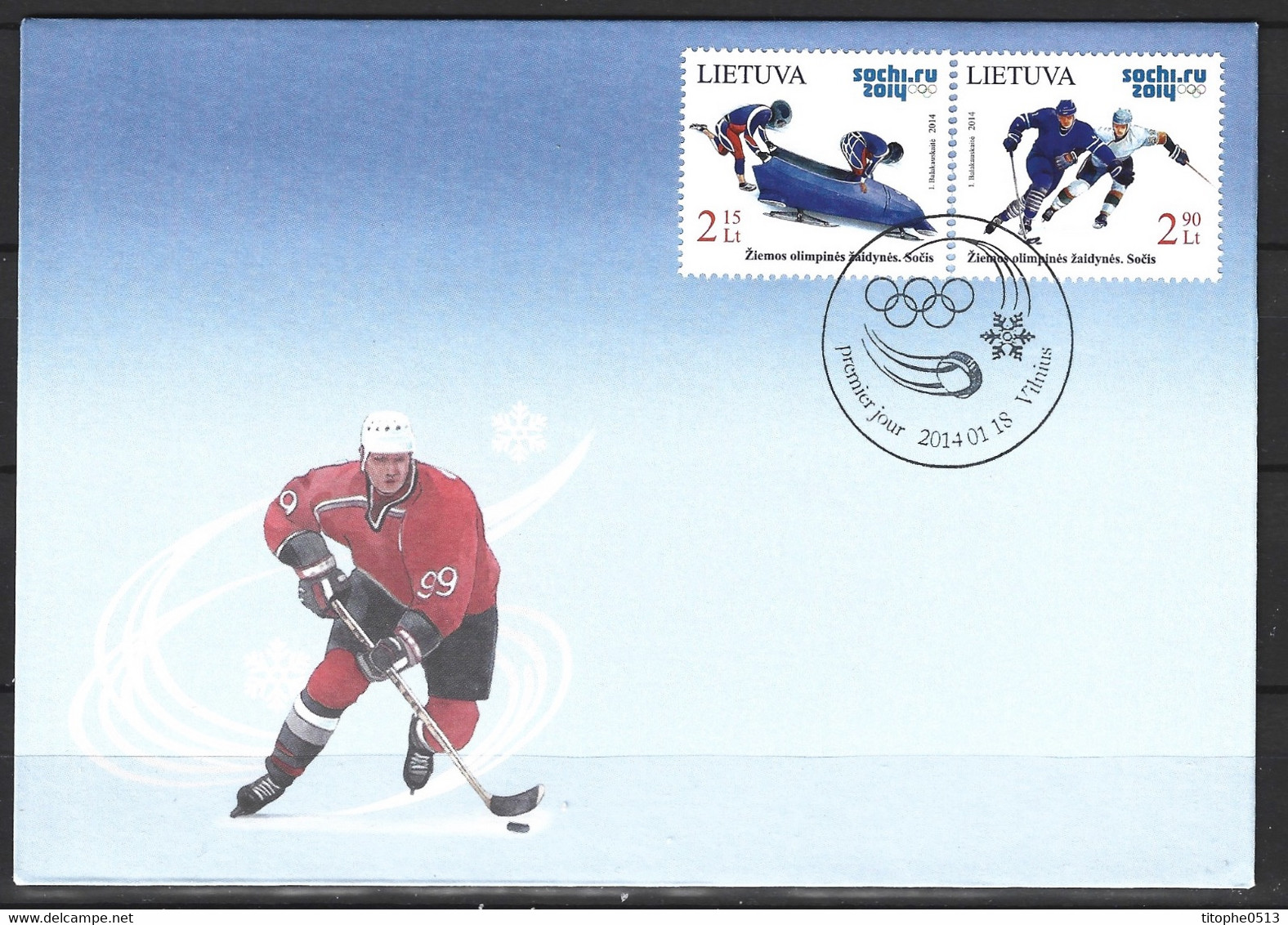LITUANIE. N°1006-7 De 2014 Sur Enveloppe 1er Jour. J.O. De Sotchi/Hockey Sur Glace/Bobsleigh. - Winter 2014: Sotschi