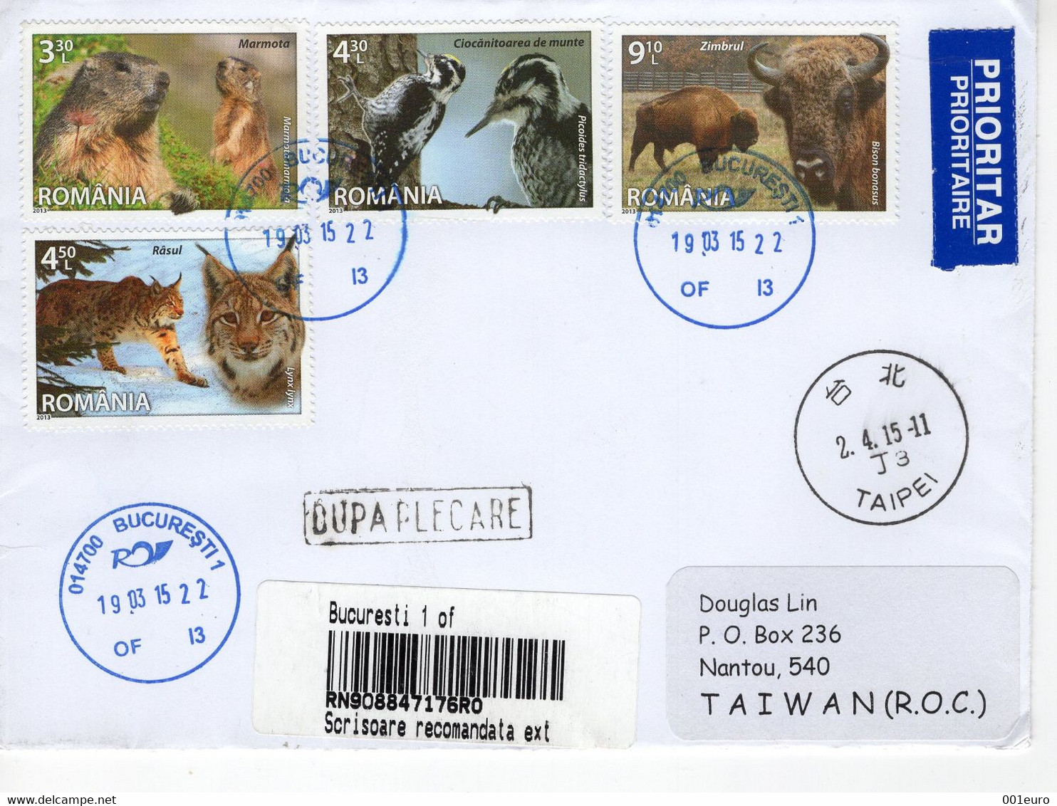 ROMANIA 2015: FAUNA On REGISTERED Cover Circulated To Taiwan - Registered Shipping! - Covers & Documents
