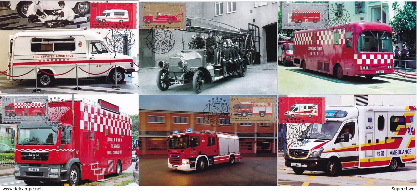 China Hong Kong Maximum Card，2018 The 150th Anniversary Fire Engine Of The Hong Kong Fire Department，6 Pcs - Maximumkaarten