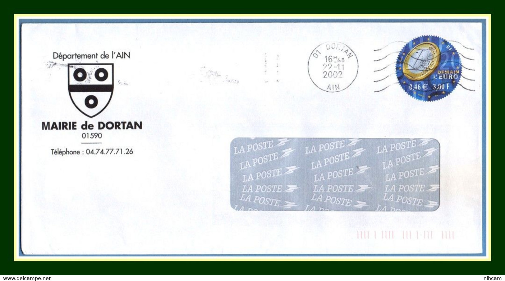 PAP N° 3402 - E3 Demain L'Euro Repiqué Mairie De DORTAN Armoirie Obl 01 Dortan 2002 (pas Com. !) - Prêts-à-poster:Stamped On Demand & Semi-official Overprinting (1995-...)