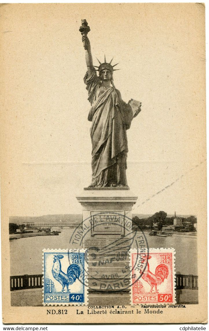 FRANCE CARTE POSTALE -LA LIBERTE ECLAIRANT LE MONDE AVEC OBLITERATION EXPOSITION DE L'AVIATION.....7 AVRIL 45 PARIS - 1944 Coq Et Marianne D'Alger