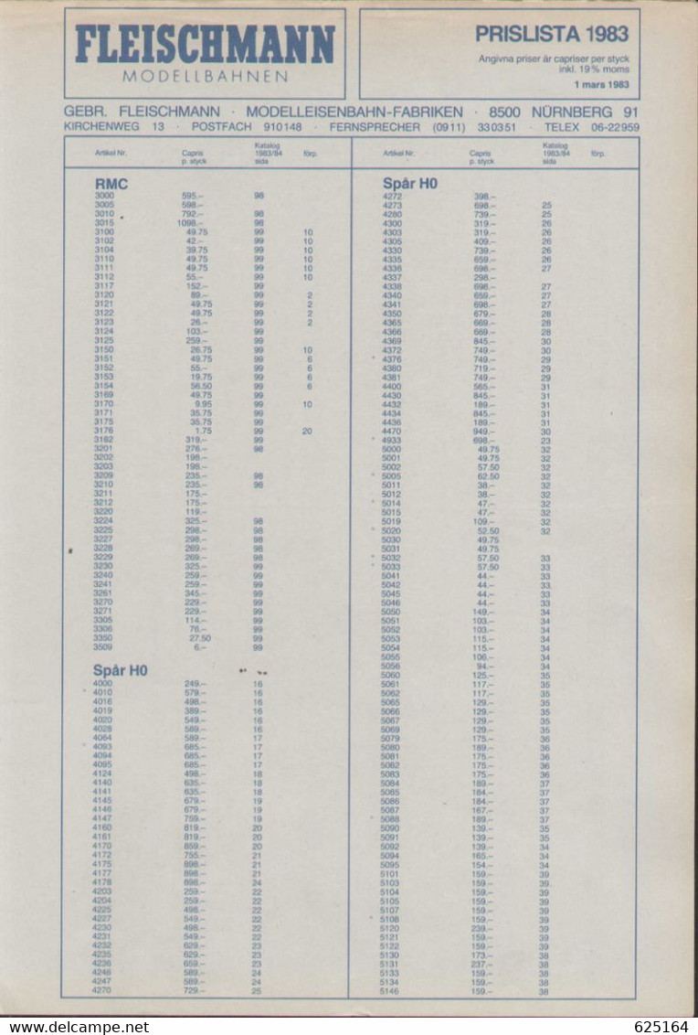 Catalogue FLEISCHMANN 1983 ONLY PREIS Prislista SEK Swedish Crowns  - En Suédois - Non Classificati