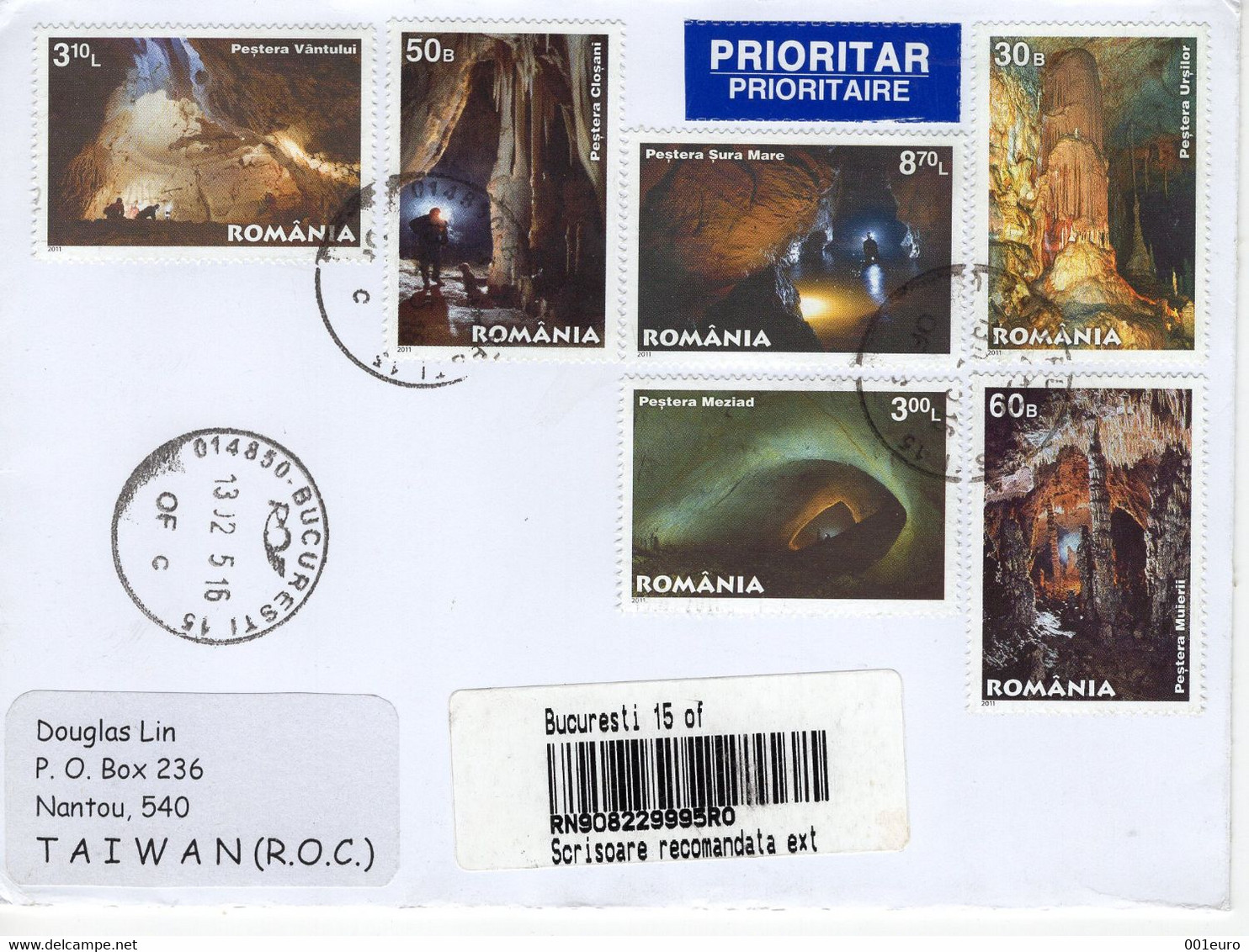 ROMANIA 2011: NATURAL CAVES On REGISTERED Cover Circulated To Taiwan - Registered Shipping! - Briefe U. Dokumente