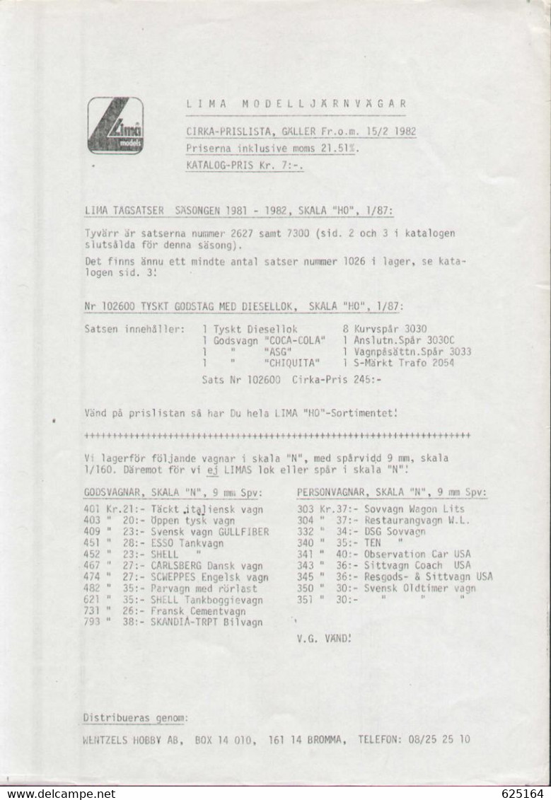 Catalogue LIMA 1982 Prislista SEK Swedish Crowns HO 1/87 + N 1/160  - En Suédois - Sin Clasificación