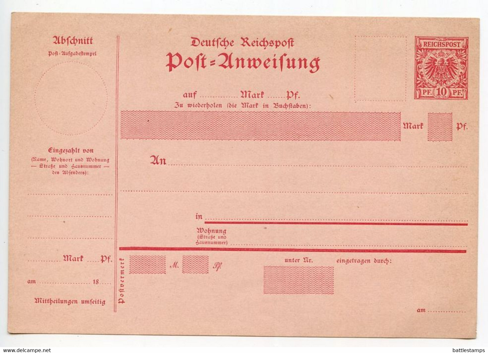 Germany 1890's Mint 10pf Imperial Eagle Postal Order / Postanweisung - Other & Unclassified