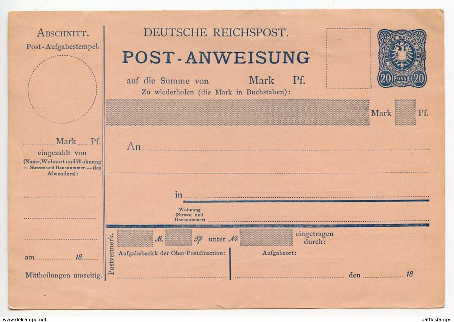 Germany 1880's Mint 20pf Imperial Eagle Postal Order / Postanweisung - Sonstige & Ohne Zuordnung