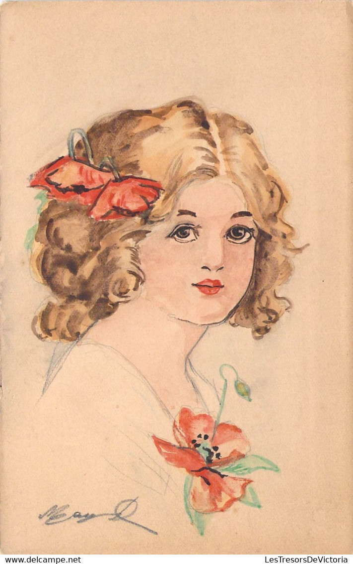 Illustrateur - Portrait De Jeune Fille - Coquelicot - Colorisé -  - Carte Postale Ancienne - Usabal