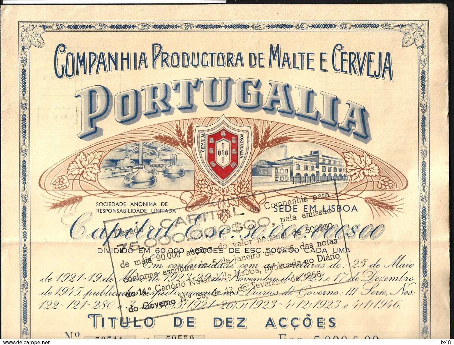 Beer. Title Of 10 Shares Of The Malt And Beer Company - Portugália, 1946. Barley. Old Germania Beer. Bier. Titel Von 10 - A - C