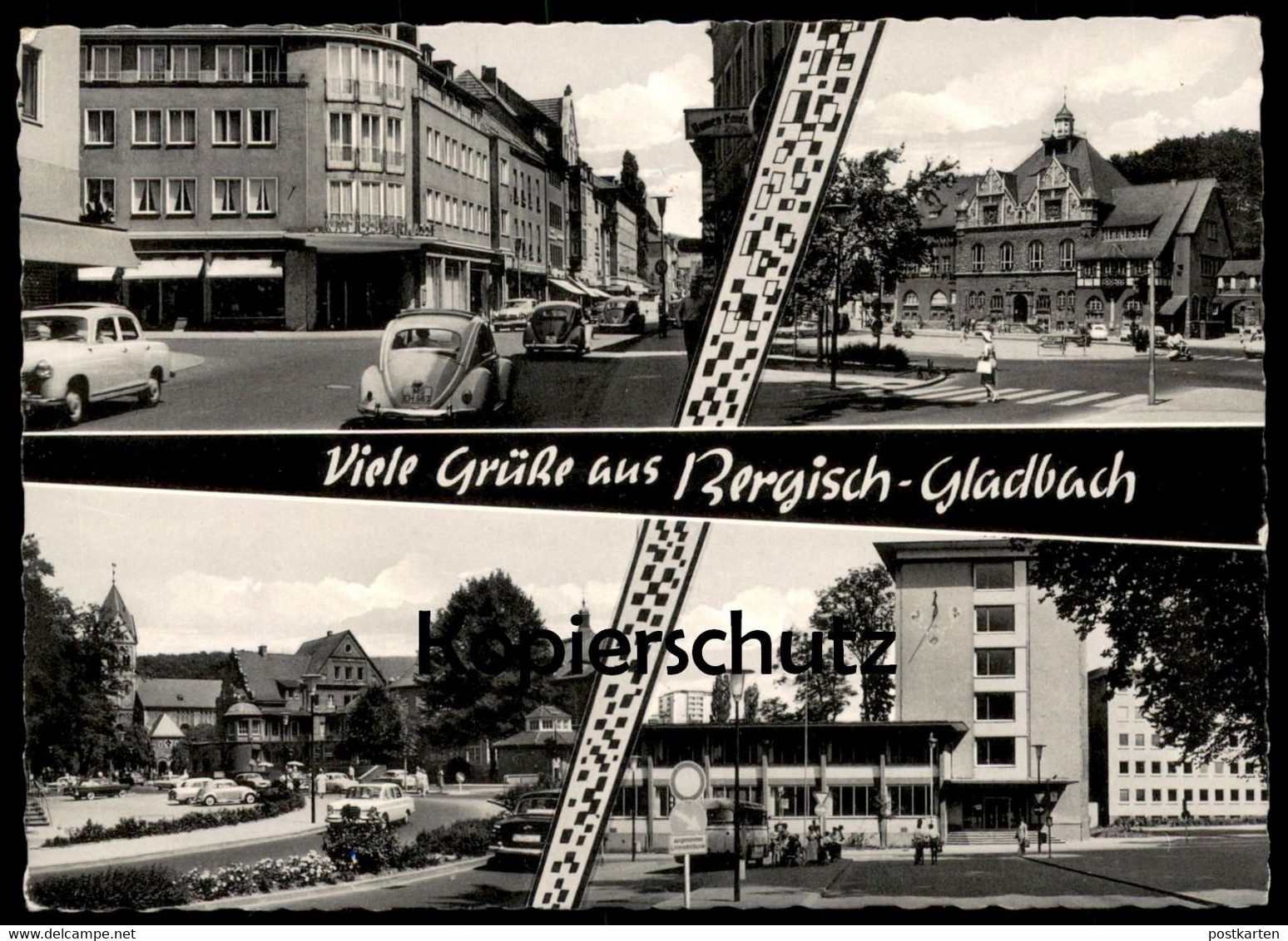 ÄLTERE POSTKARTE VIELE GRÜSSE AUS BERGISCH GLADBACH VW KÄFER MERCEDES KREISSPARKASSE SCHILD AUSGENOMMEN LINIENOMNIBUSSE - Bergisch Gladbach