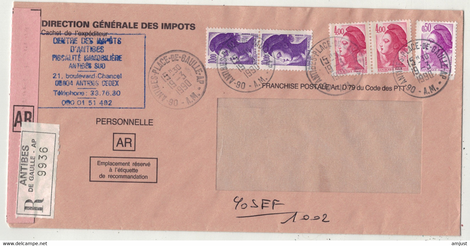France // Lettre Recommandée Au Départ De Antibes Le 19.03.1990 - Storia Postale