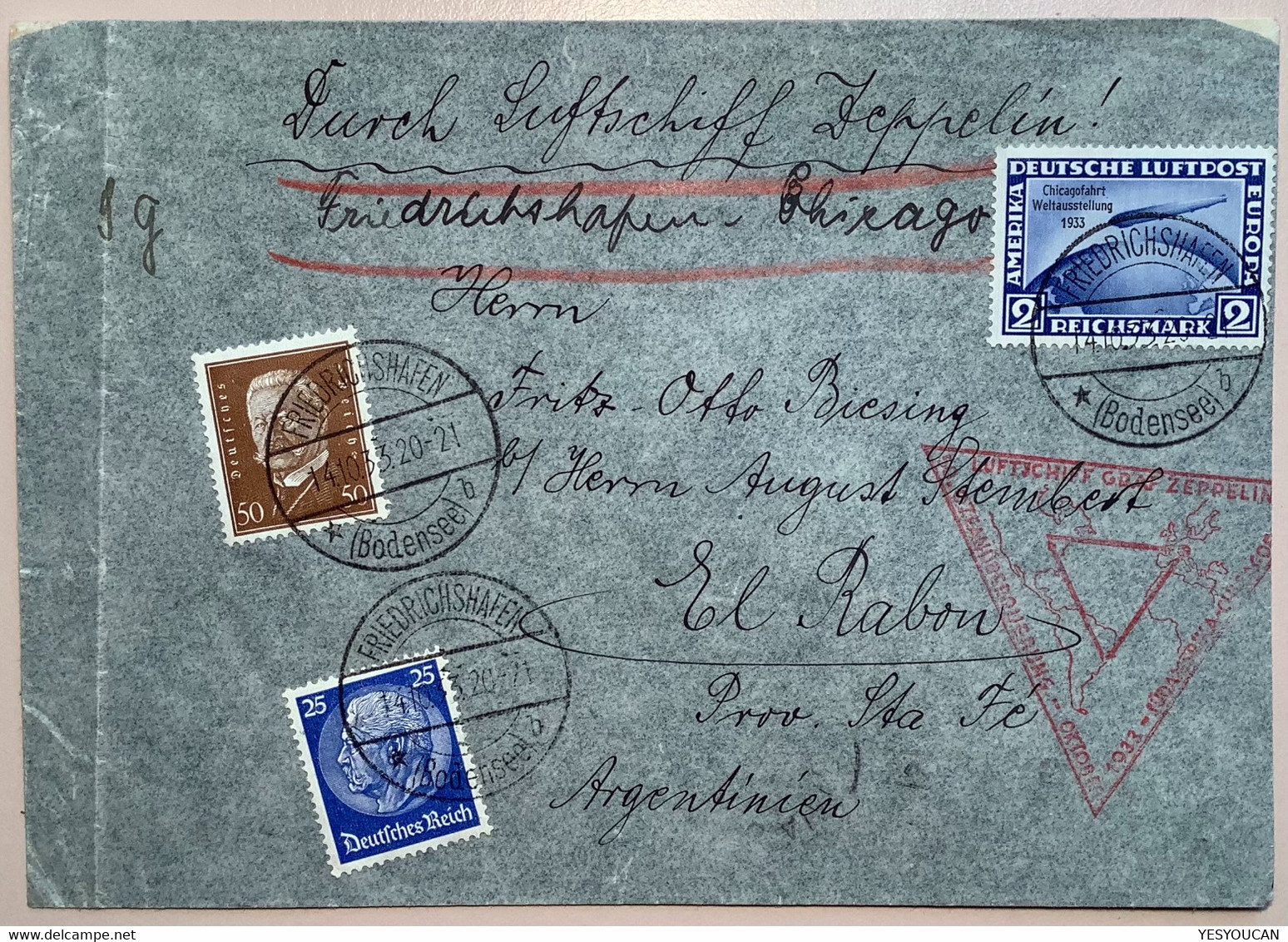 Graf Zeppelin CHICAGOFAHRT 2 RM 497 LUXUS FRIEDRICHSHAFEN14.10.1933 Brief>Chicago>El Rabon Argentina Südamerika (cover - Covers & Documents