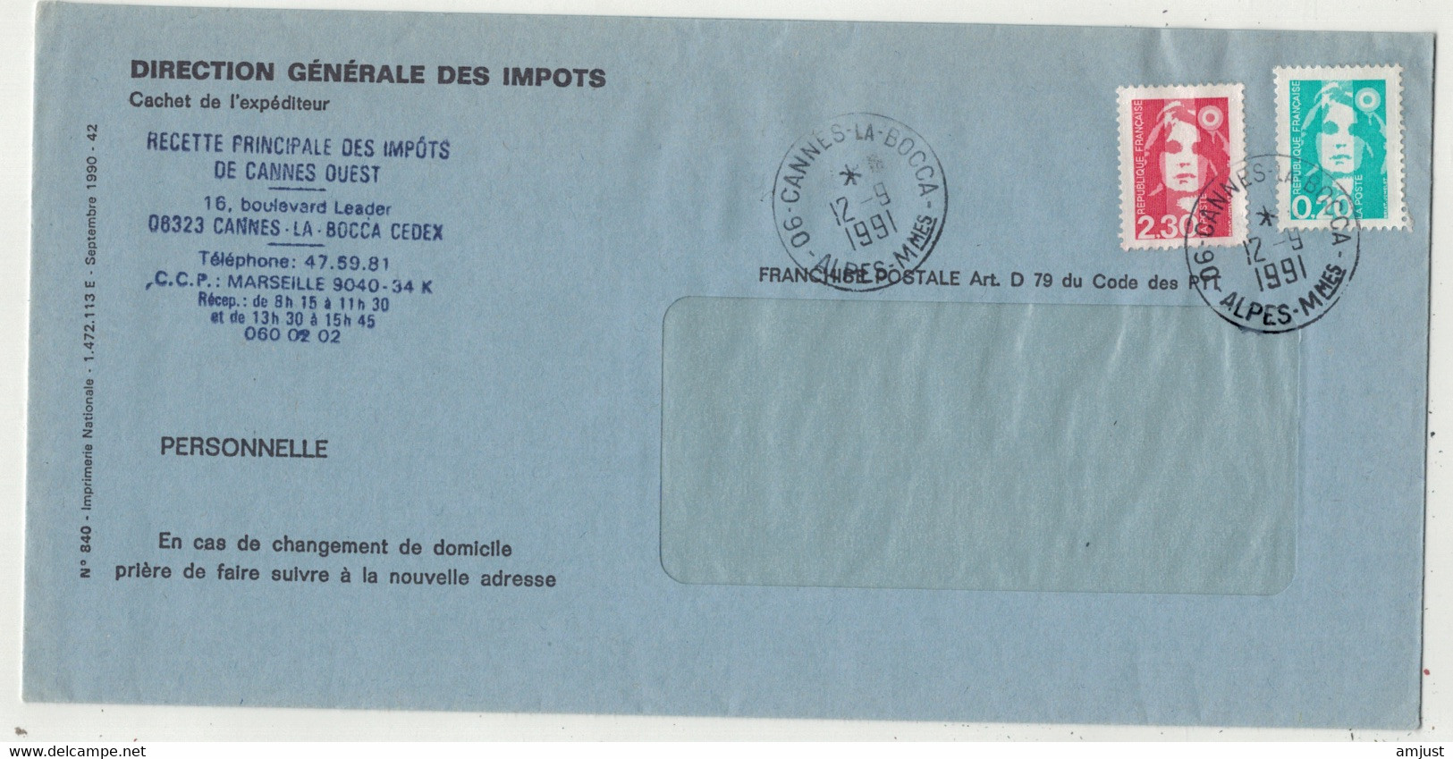 France // Lettre Au Départ De Cannes Le 12.09.1991 - Brieven En Documenten