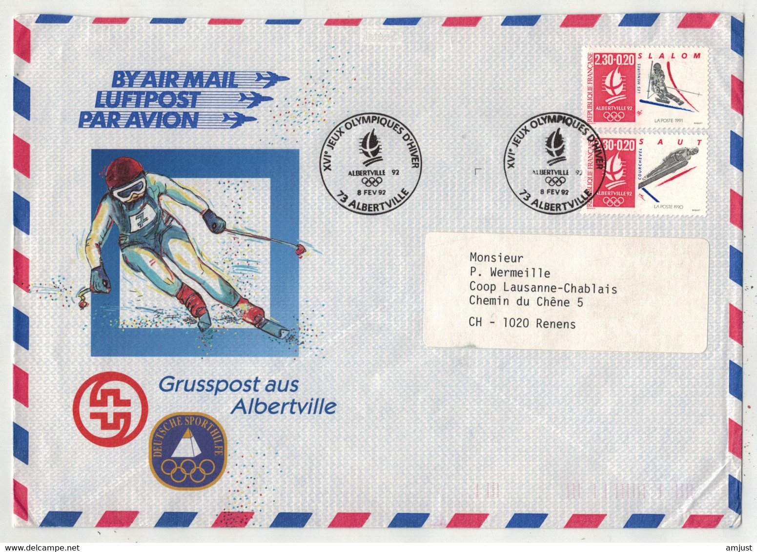 France // Lettre  De Albertville (jeux Olympiques 1992) Pour La Suisse Le 8.02.1992 - Brieven En Documenten